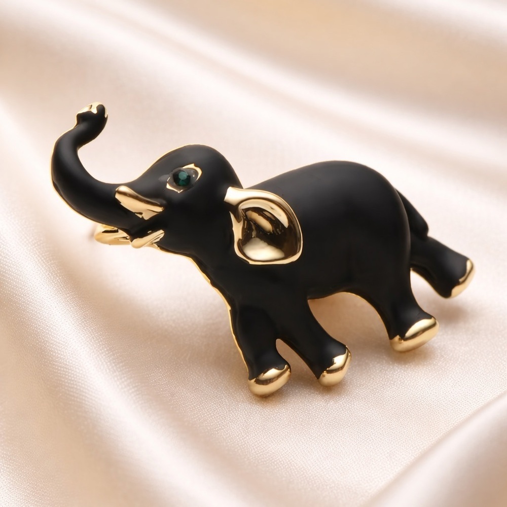 Elephant Black Gold Brooch with Green Eye
